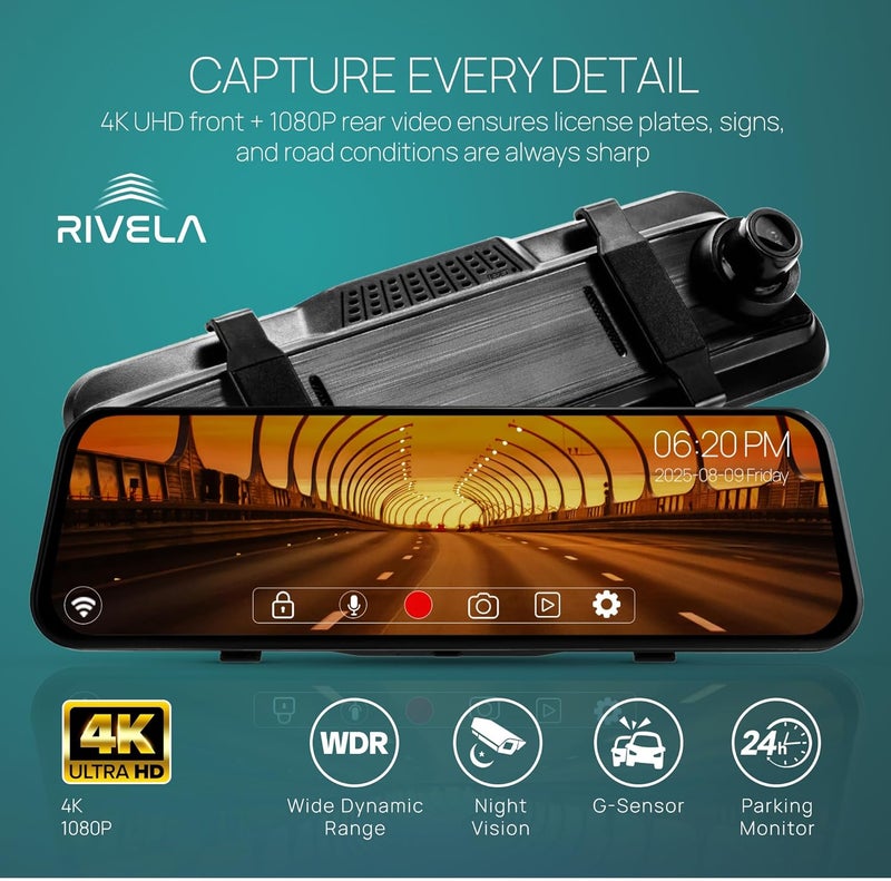 RIVELA كاميرا مرآة الرؤية الخلفية 10 بوصة - مرآة رقمية تعمل باللمس بدقة 4K مع نظام تحديد المواقع، مستشعر G، تسجيل متكرر، رؤية ليلية، زاوية واسعة 170°، كاميرا داش احتياطية للسيارات، تركيب سهل - Image 2